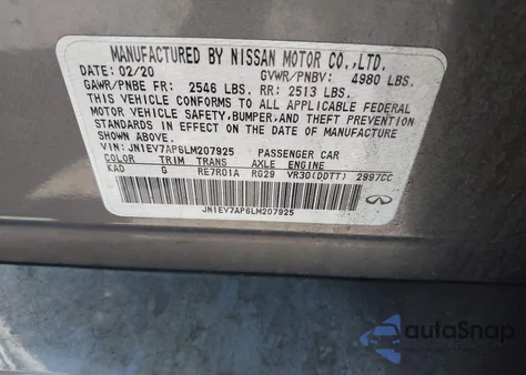 2020 Infiniti Q50 Luxe z USA, uszkodzony, nr VIN JN1EV7AP6LM207925